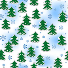 Seamless winter pattern of snow-covered green Christmas trees, dark blue curly snowflakes. White background with blurry blue spots