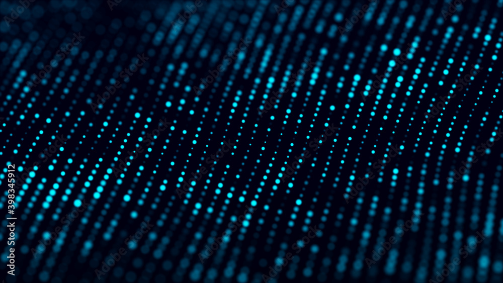 Poster Futuristic blue background with glowing particles movement. Big data. 3d rendering.