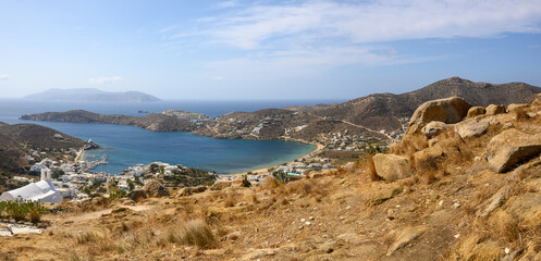 View of the bay and the main port of Ios Island. Cyclades, Greece