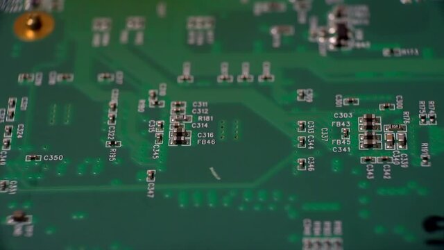 Printed circuit board. Dolly shot closeup.