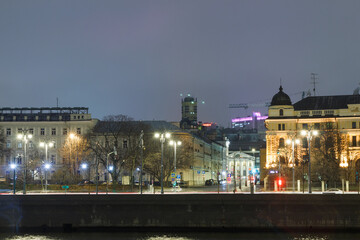 Moscow, Russia. Evening cityscape. Kremlevskaya and Prechistenskaya embankments and Lenivka street.