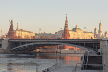 Moscow, Russia. Bolshoy Kamenny bridge. The Kremlin in background. Sunny morning