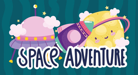 space adventure spaceship ufo saturn planet cute cartoon © Stockgiu