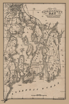 Narragansett Bay Antique Map 1879. Enhanced, restored reproduction of an old map. It features landmarks and is rich in historical information. 