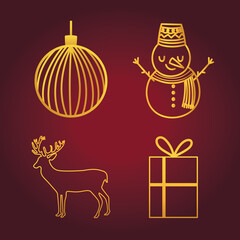happy new year 2021 golden icons set snowman gift reindeer and ball