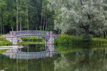 Fototapeta na wymiar Old vintage stone bridge in summer green park