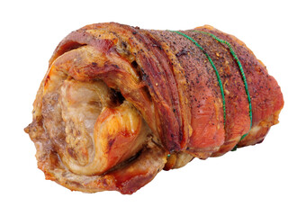 Roasted rolled lamb breast meat isolated on a white background