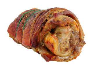 Roasted rolled lamb breast meat isolated on a white background