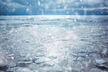 Baltic Sea on wintertime with broken ice cracks. Large pieces of floating ice driven into the seaside. Pack Ice builds up the icebergs. © Кристина Пахомова