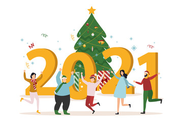 Flat design Christmas and New Year vector concept 2021. People celebrate new year concept. Volumetric figures. Vector illustration for poster, banner, card, cover, postcard.