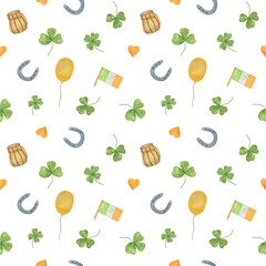 Horseshoe, beer mug, balloon, shamrock plant leaves repeat pattern, symbolic decoration for national Irish holiday St Patrick's day, symbolizes luck and traditions, watercolor illustration