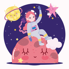 Fototapeta premium space astronaut girl sitting on planet and stars cute cartoon