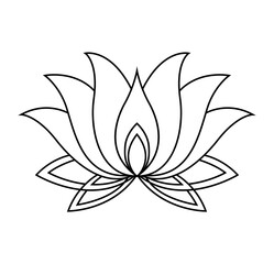Lotus icon. Monochrome blooming flower. Hand drawn lotos flower illustration isolated on white background. Black linear petals of plant in coloring style