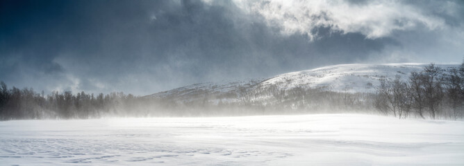 Panoramic view on mountain snow drift in Swedish Lapland. Sunny day, high mountain range with wild arctic birch forest at the lower level. High speed clouds and drifting snow. Scandinavian mountains. © Alexandre Patchine