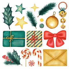 Watercolor Christmas Decoration set. Golden Ball, Jingle Bells, Christmas Tree Holly branches, Letter Envelope, Gift Boxes, Sweets, Stars. Hand drawn Winter Holiday isolated design element collection