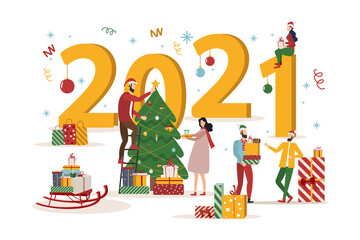 Flat design Christmas and New Year vector concept 2021. People celebrate new year concept. Volumetric figures. Vector illustration for poster, banner, card, cover, postcard.