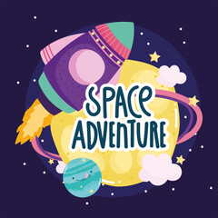 space spaceship planets explore and adventure cute cartoon