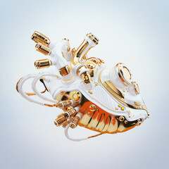 White robotic heart with luxury golden parts, 3d rendering