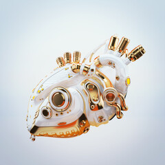 White robotic heart with luxury golden parts, 3d rendering