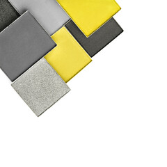 Palette of eye makeup of main colour of the year. Close up of trendy toned yellow and grey eyeshadows. Color of the year 2021illuminating and ultimate gray background. Main color trend.