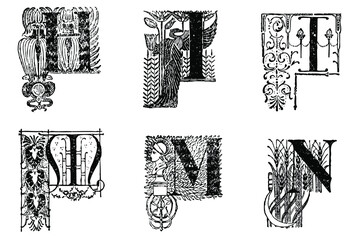 Assorted vintage engraved illustrated ornate letters, Black and White. 