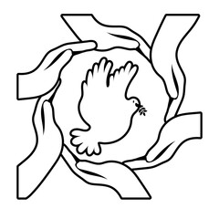 interracial hands around dove bird flying line style icon