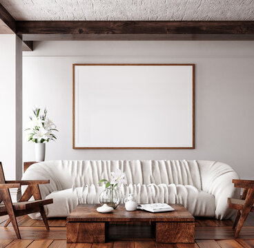 Mockup frame in traditional home interior background, 3d render