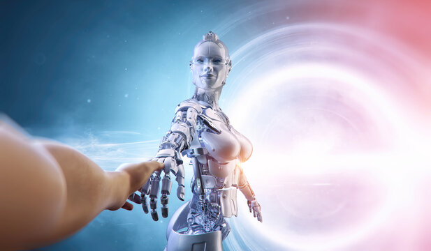 Human touches robot hand on space background. Virtual reality, artificial intelligence ai technology connection between people and robot. Female cyborg gives a hand to man, 3d VR concept illustration