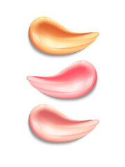 Realistic pink makeup smear of lip gloss isolated on white background.  Set of different lip gloss on white background. Sample oiled makeup. Vector.