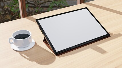 Tablet computer mockup On a wooden background.