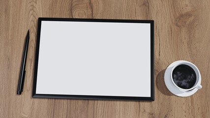 Tablet computer mockup On a wooden background.