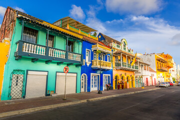 Scenic colorful streets of Cartagena in historic Getsemani district near Walled City (Ciudad...