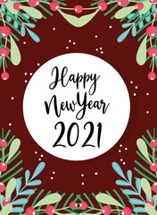 happy new year badge with handwritten text and foliage season decoration