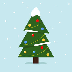 Vector decorated Christmas tree on a blue background with snow.