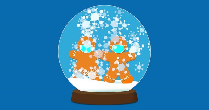 Cute gingerbread couple holding hands and wearing face masks inside a snow globe filled with an animation blizzard of virus molecules for snowflakes