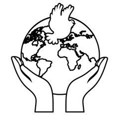 hands lifting earth planet and dove bird flying line style icon