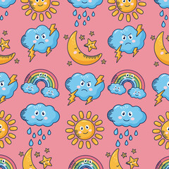 kawaii weather comic characters pattern in pink background