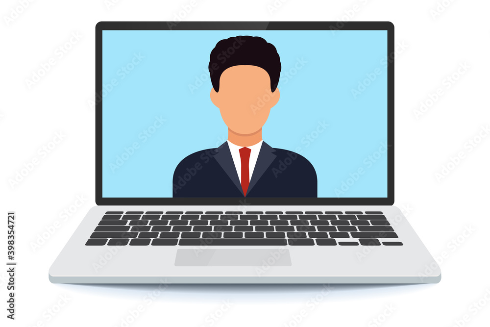 Poster worker using computer for virtual meeting. the man at the computer. videoconference, remote work. vi
