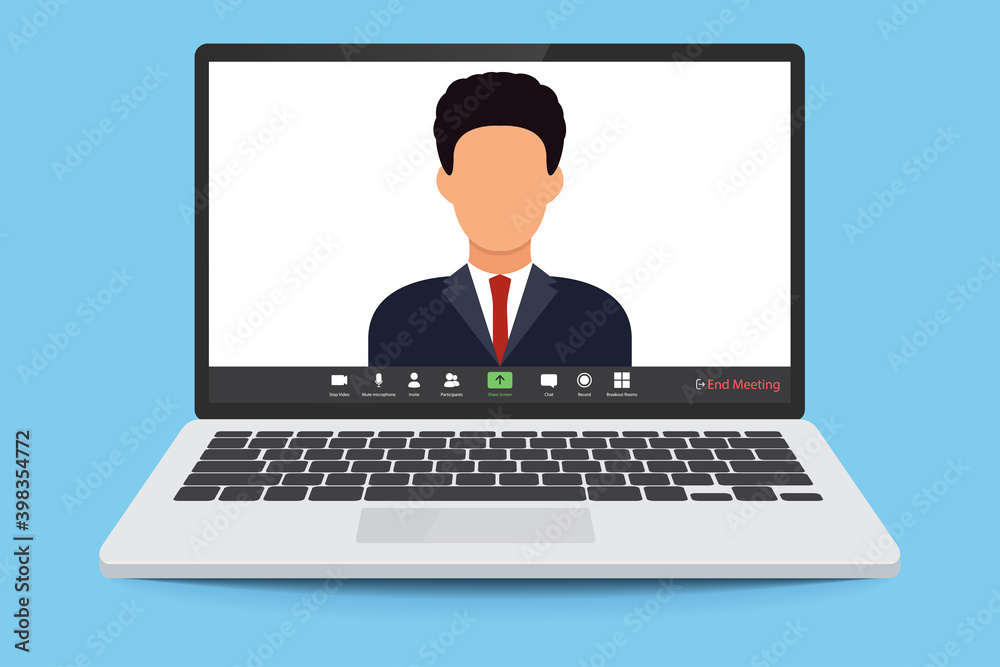 Poster worker using computer for virtual meeting. the man at the computer. videoconference, remote work. vi