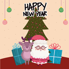 happy new year cute santa reindder with tree and gifts card