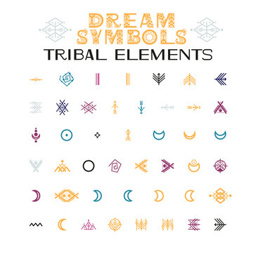 Tribal Elements of ornaments. Letters and symbols in geometric ethnic style. Aztec and native americans fabric style. Vector illustration