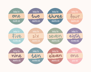 Fototapeta premium Set of vector lettering stickers today I'm 1-12 months old. Happy birthday greeting card for baby under one year old. Colored handwritten illustrations.