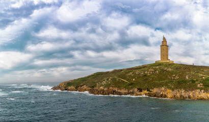 view of the Hercules Tower lighthouse in La Coruna in Galicia