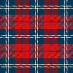 Christmas and new year tartan plaid. Scottish pattern in blue, red and white cage. Scottish cage. Traditional Scottish checkered background. Seamless fabric texture. Vector illustration