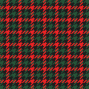 Goose foot. Christmas Pattern of crow's feet in red and black cage. Glen plaid. Houndstooth tartan tweed. Dogs tooth. Scottish checkered background. Seamless fabric texture. Vector illustration