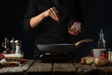 Professional chef pours salts into pan with chicken fillet. Backstage of cooking traditional Indian chicken curry on dark blue background. Frozen motion. Concept cooking process. Frozen motion.