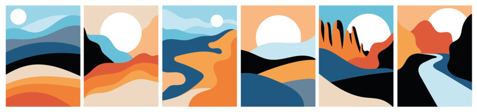 Abstract landscape poster collection. Set of contemporary art print templates. Nature backgrounds. Sunset and sunrize, mountains, rivers and lakes, alien landscapes. Vector illustrations