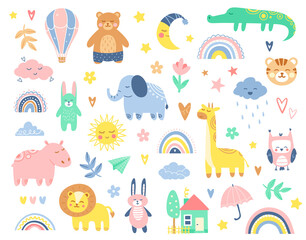 Abstract colorful baby doodles set. Baby animals fabric pattern. Vector illustration with cute animals. Nursery baby pattern. Bundle of geometric, hand-drawn vector illustrations.