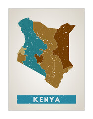 Kenya map. Country poster with regions. Old grunge texture. Shape of Kenya with country name. Amazing vector illustration.