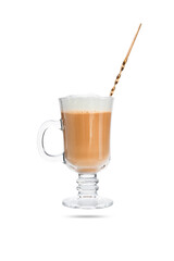  latte in transparent cup c with spoon isolated on white background